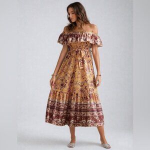 Boho Floral Pattern Off Shoulder A Line Dress